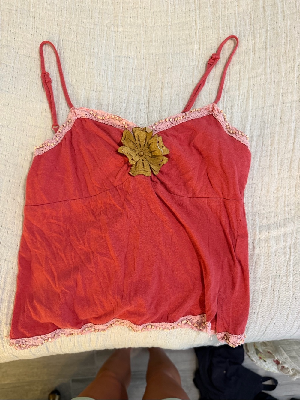 Vintage Coral Pink Lace-Trim Camisole with Tan Floral Applique